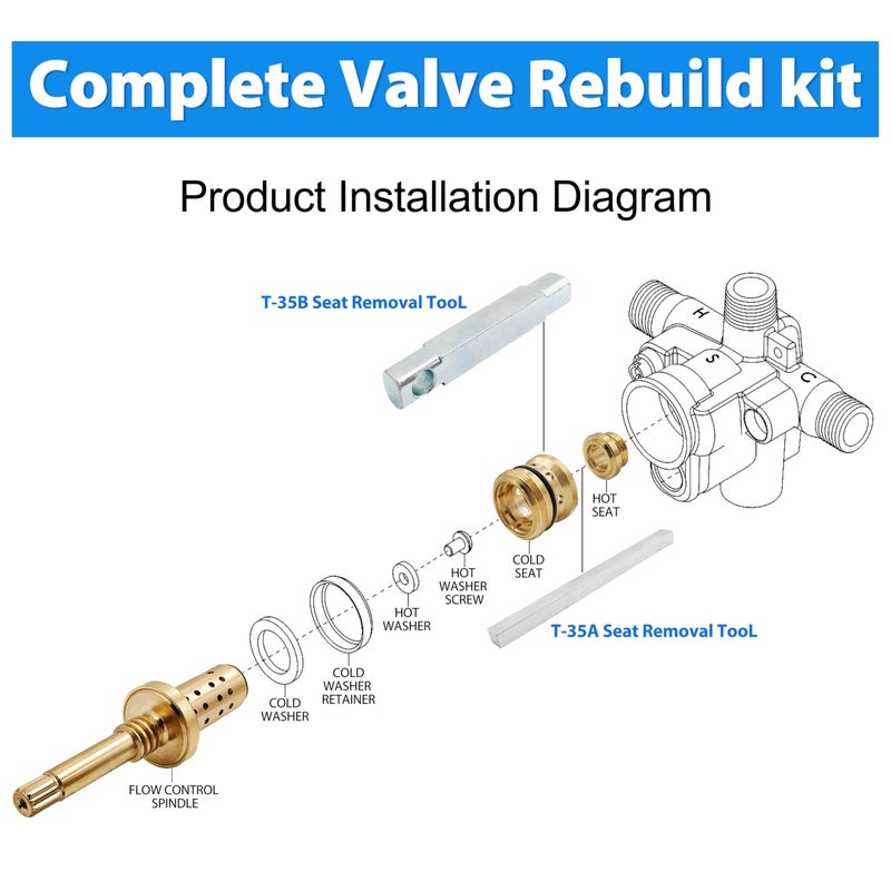 TycoonWon Complete Valve Rebuild kit Compatible with Symmons Temptrol Valve,Replacement for Cartridge (TA-10), Seats (TA-4) and Seat Removal Tools (T-35A/B),Adjustment and Balance of Hot and Cold Water Pressure - Image 2